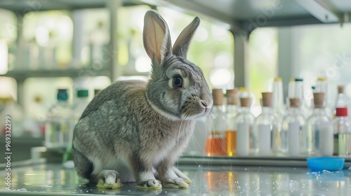 In the lab a gray rabbit is sitting