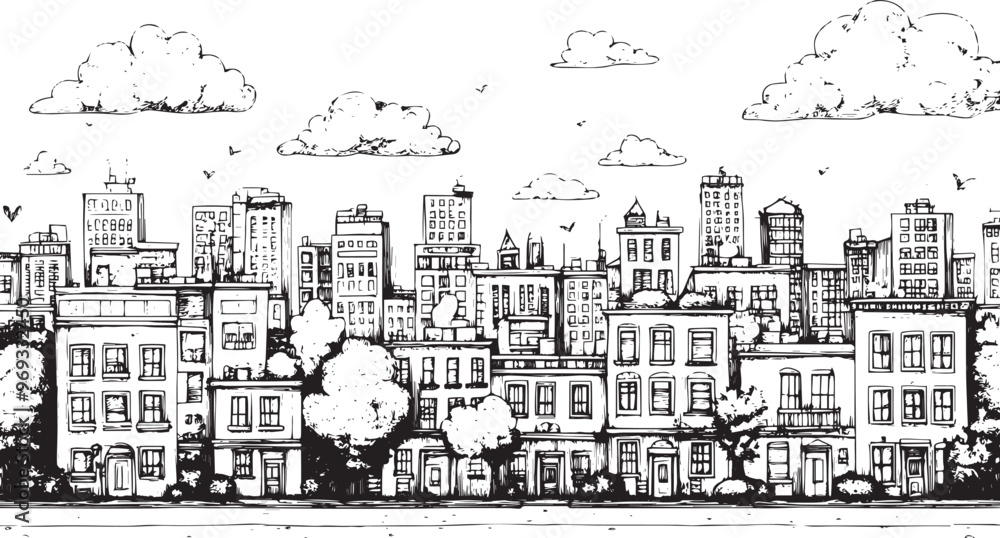 Obraz premium City landscape. Line urban backdrop. Skyline with clouds, different buildings on street, doodle street draw, outline cityscape hand sketch, flat houses. Hand drawn vector illustration 