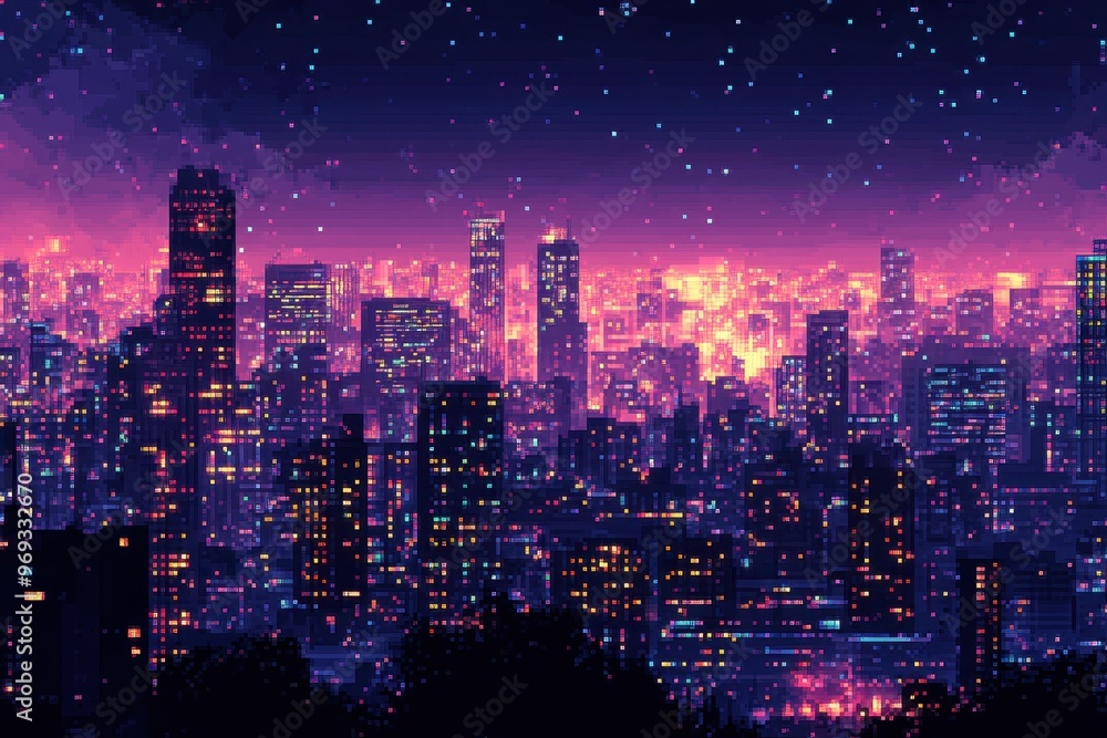 Fototapeta premium Neon Nightscape: Retro City Skyline with Pixelated Buildings and Empty Dark Sky for Text Background