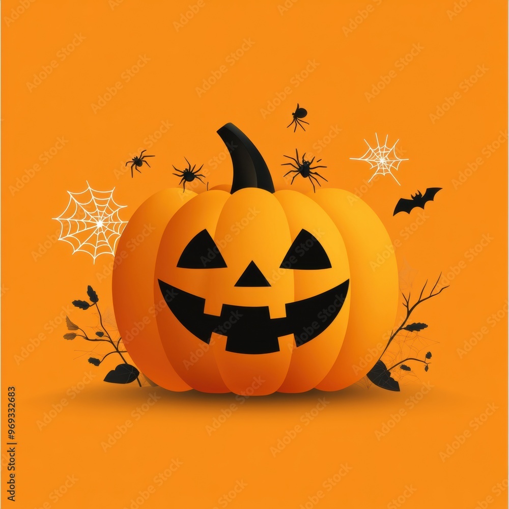 Cheerful Halloween pumpkin with a spooky smile, surrounded by spiders and webs on an orange background. Cheerful Halloween pumpkin with a spooky smile, surrounded by spiders and webs on an orange background.