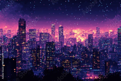 Neon Nightscape: Retro City Skyline with Pixelated Buildings and Empty Dark Sky for Text Background