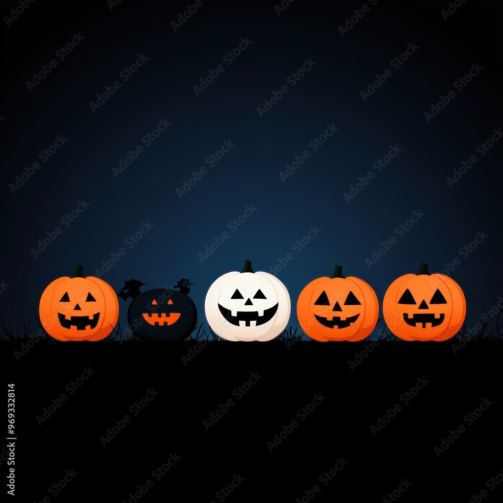 Spooky Halloween pumpkins in various colors with playful faces against a dark background. Perfect for seasonal decoration. Spooky Halloween pumpkins in various colors with playful faces against a dark background. Perfect for seasonal decoration.