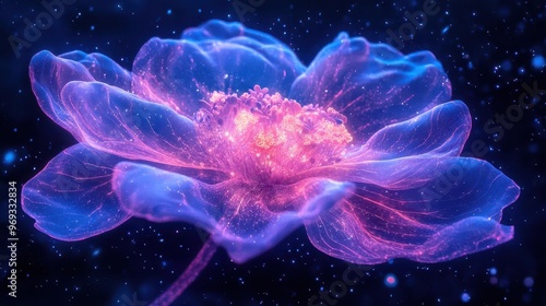 bioluminescent pink flower blooming in zero gravity petals unfurling against a starry backdrop ethereal glow illuminates delicate details creating a surreal blend of nature and cosmic wonder