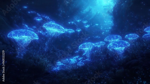 bioluminescent underwater landscape with alien coral formations ethereal blue light illuminates strange sea creatures creating a dreamlike and otherworldly aquatic scene