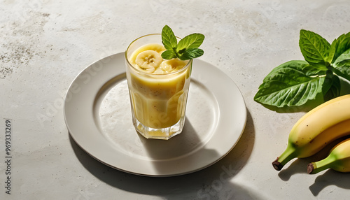 Glass of banana juice, fresh banana slices, garnished with mint leaves, served on white plate, summer refreshment, bright sunlight photo