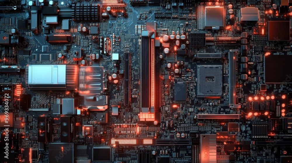A visually engaging display of computer hardware components, including CPUs and motherboards, set against an abstract background of technology-inspired graphics A visually engaging display of computer hardware components, including CPUs and motherboards, set against an abstract background of technology-inspired graphics