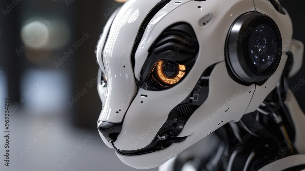 Lifelike robotic animal with advanced AI, close-up of its face showing emotional and intelligent interaction, [AI pet], [artificial animal].