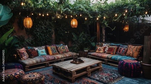 bohemianchic outdoor lounge area with reclaimed wood pallet furniture vibrant ethnic print cushions and string lights under a canopy of lush greenery photo