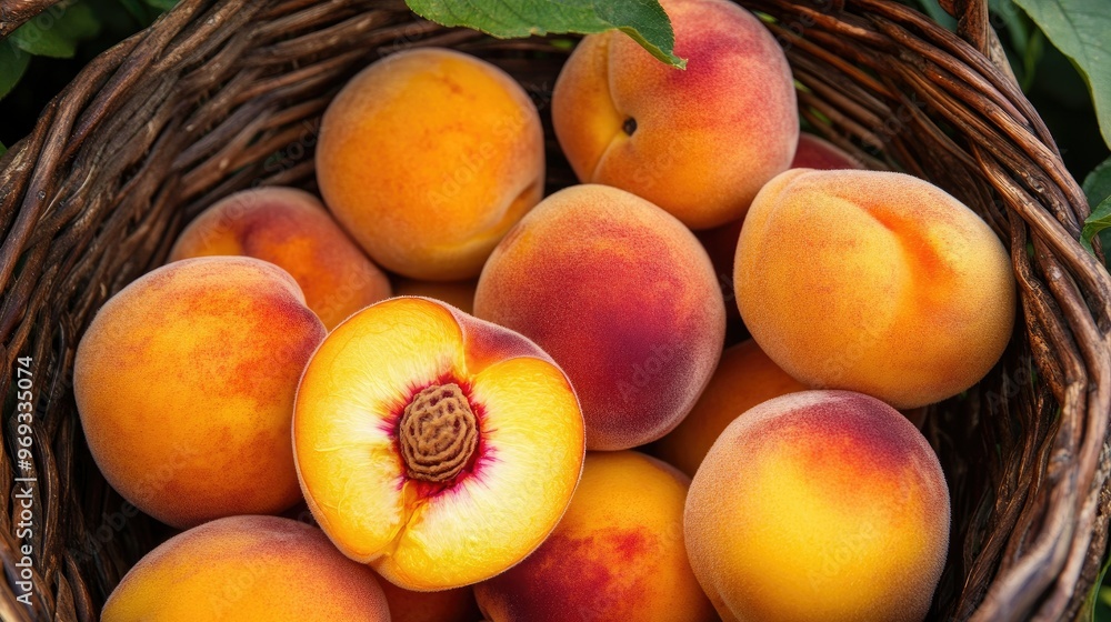 A basket of ripe peaches with a vibrant orange hue, some sliced and some whole. A basket of ripe peaches with a vibrant orange hue, some sliced and some whole.