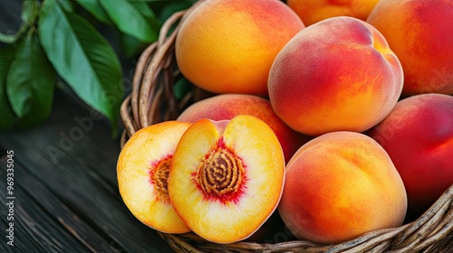 A basket of ripe peaches with a vibrant orange hue, some sliced and some whole.