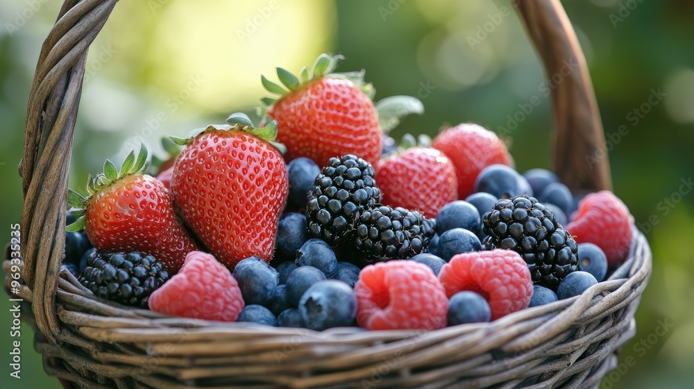 A basket overflowing with mixed berries: strawberries, blueberries, raspberries, and blackberries. A basket overflowing with mixed berries: strawberries, blueberries, raspberries, and blackberries.