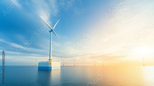 A futuristic wind farm floating in the ocean, with AIdriven turbines optimizing energy output in realtime Great for renewable energy companies, offshore technology campaigns, and sustainable