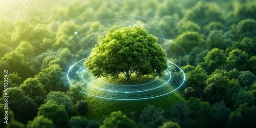A smart forest with sensors monitoring air quality, wildlife movement, and tree health, connected to a central AI system Perfect for conservation projects, IoT technology blogs, and sustainability