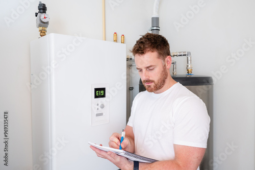 Technician checks the operation of a heat pump in a house.
