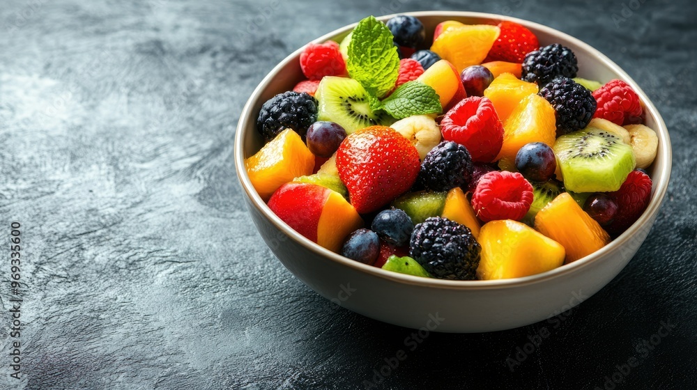 A bowl of mixed fruit salad with a variety of colors and textures, perfect for a healthy snack. A bowl of mixed fruit salad with a variety of colors and textures, perfect for a healthy snack.