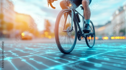 A cyclist on a smart bike generating electricity, connected to a city grid that shows realtime energy contributions Suitable for urban mobility content, renewable energy blogs, and fitness technology