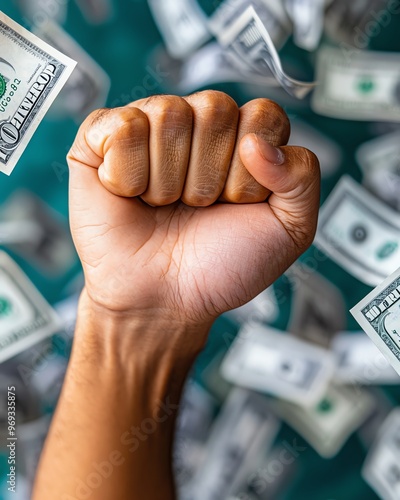 A strong fist amidst falling dollar bills, symbolizing financial success and determination in a dynamic economy.
