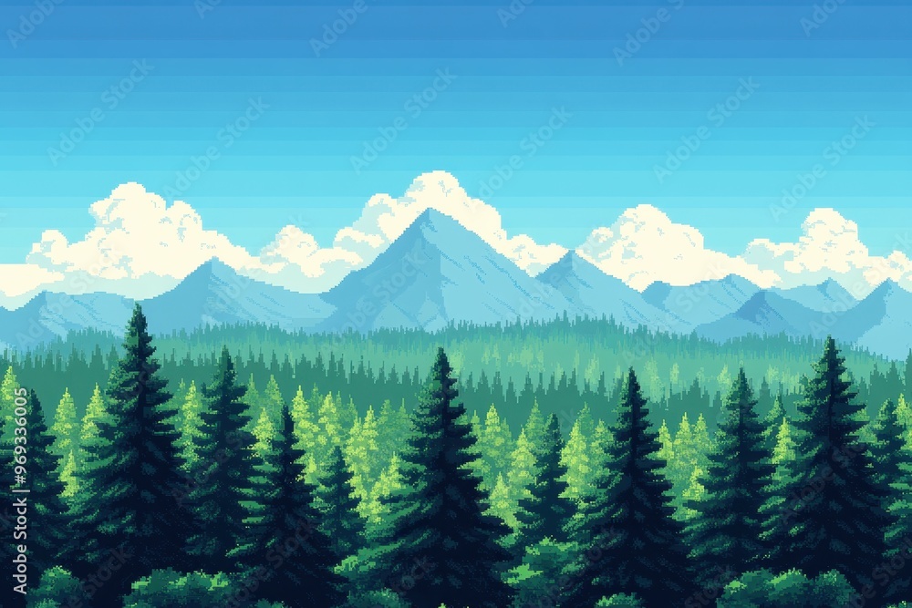 Fototapeta premium Digital Forest Landscape with Pixelated Trees and Clear Sky for Copy Space