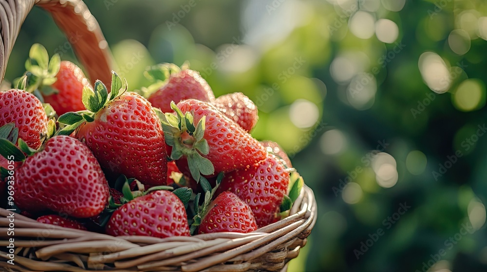 A close-up of freshly picked strawberries in a basket, ready to be enjoyed as a sweet treat. A close-up of freshly picked strawberries in a basket, ready to be enjoyed as a sweet treat.