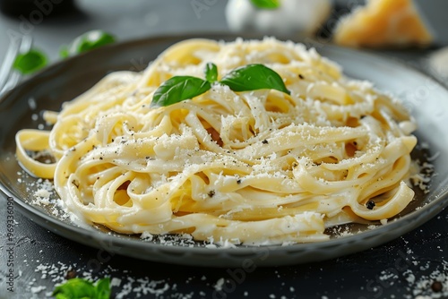 Italian fettuccine Alfredo with creamy sauce and Parmesan