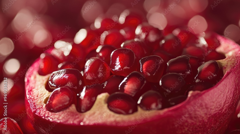 A close-up of pomegranate seeds spilling out of a halved fruit, showcasing their deep red color. A close-up of pomegranate seeds spilling out of a halved fruit, showcasing their deep red color.