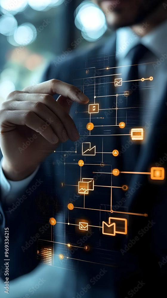 Businessman Interacting with Digital Workflow Automation System - Illustration