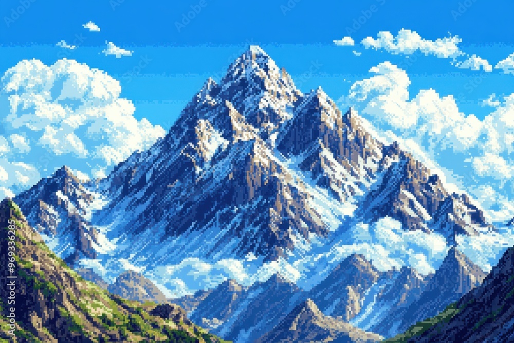 Digital Mountain Landscape with Pixel Clouds and Blank Sky for Text Design Digital Mountain Landscape with Pixel Clouds and Blank Sky for Text Design
