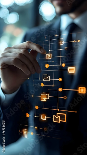 Obraz na płótnie Businessman Interacting with Digital Workflow Automation System - Illustration w salonie