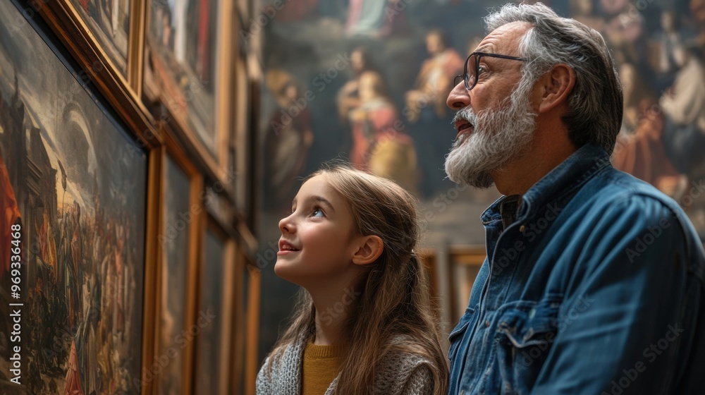 Obraz premium Grandfather and granddaughter admire artwork in a museum gallery