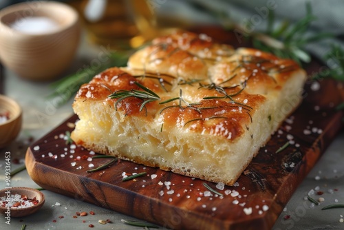 Freshly baked Italian focaccia bread with rosemary and sea salt