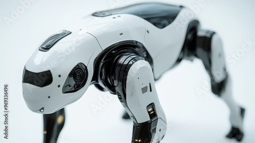 Close-up of a robot dog's sleek body and futuristic design, showcasing artificial materials and responsive technology, [robotic dog], [artificial pet]. photo