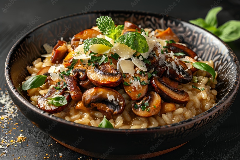 A bowl of creamy Italian risotto with mushrooms and Parmesan A bowl of creamy Italian risotto with mushrooms and Parmesan