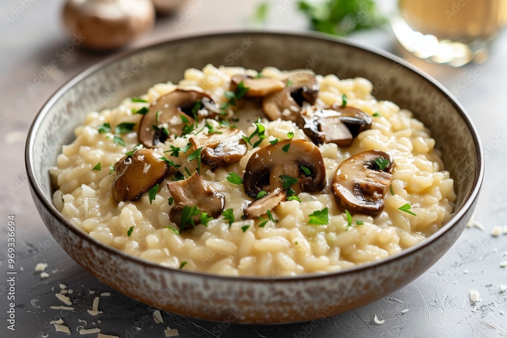 A bowl of creamy Italian risotto with mushrooms and Parmesan A bowl of creamy Italian risotto with mushrooms and Parmesan