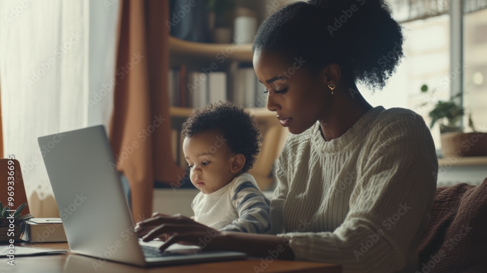 Mother working on laptop with baby at home during daylight hours Mother working on laptop with baby at home during daylight hours