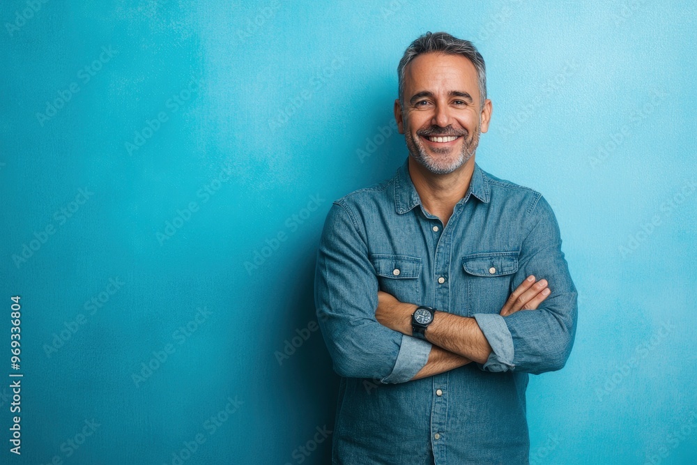 Fototapeta premium Self-assured attractive middle-aged man standing with folded arms smiling at the camera over a blue studio background with copy space with generative ai