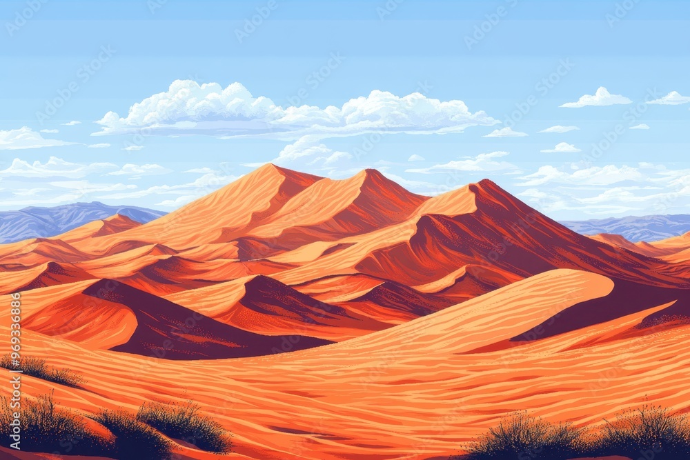 Naklejka premium Digital Desert Dreamscape - Pixelated Sand Dunes with Clear Sky Copy Space for Graphic Design and Backgrounds