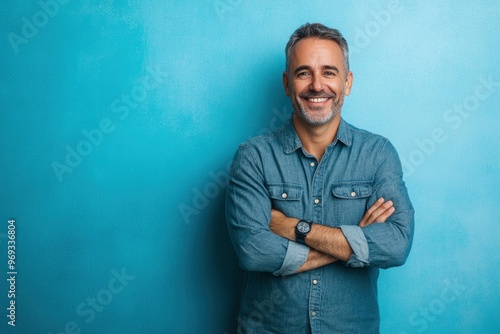 Self-assured attractive middle-aged man standing with folded arms smiling at the camera over a blue studio background with copy space with generative ai