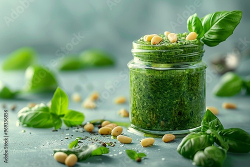Italian pesto sauce in a jar with basil and pine nuts