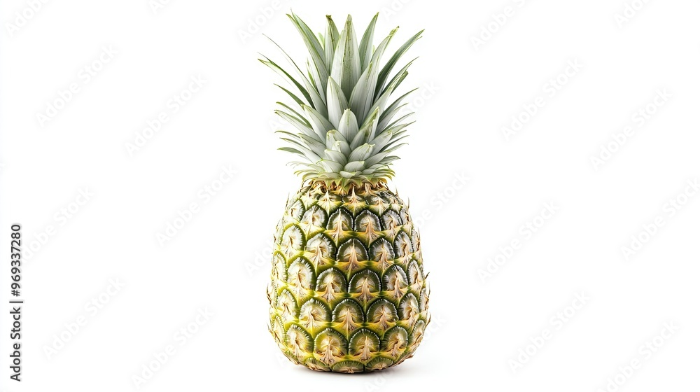 A whole pineapple with its spiky green top, isolated on a white background, symbolizing tropical freshness. A whole pineapple with its spiky green top, isolated on a white background, symbolizing tropical freshness.