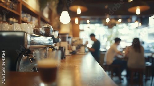 bustling coffee shop interior with soft focus warm inviting atmosphere blurred figures of patrons and baristas rich aroma almost palpable through visual cues