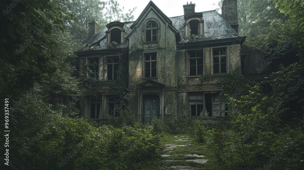 Abandoned mansion with boarded-up windows and overgrown gardens, evoking a sense of mystery. Abandoned mansion with boarded-up windows and overgrown gardens, evoking a sense of mystery.