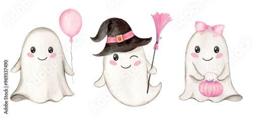 Set of vector watercolor Halloween ghost. Cute cartoon character. Cliparts for baby shower, greeting cards, party invitations. Hand painted illustration.