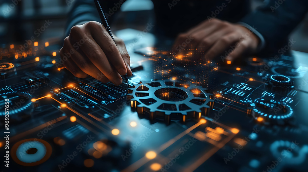 Illustration - Engineering Innovation with Technology, Gears, and Data Illustration - Engineering Innovation with Technology, Gears, and Data