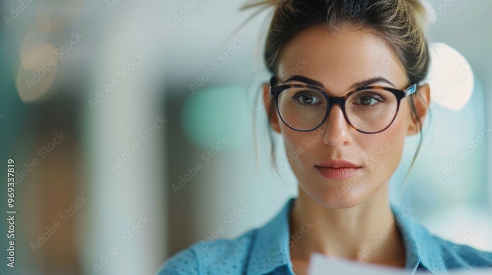 A focused woman with glasses is reading documents attentively in a bright office environment. She appears serious and engaged, dressed casually in a blue shirt. A focused woman with glasses is reading documents attentively in a bright office environment. She appears serious and engaged, dressed casually in a blue shirt.