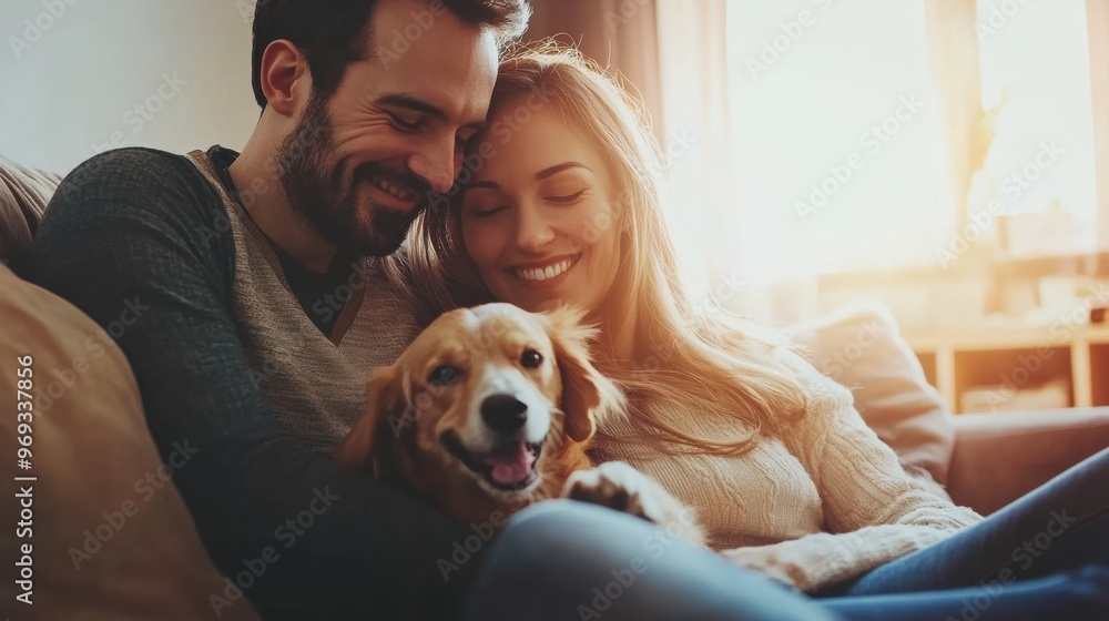 Couple enjoying cozy moments at home with their smiling dog Couple enjoying cozy moments at home with their smiling dog