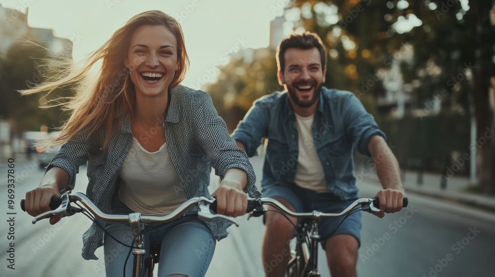 Obraz premium Happy couple riding bicycles on a sunny day in the city street