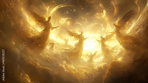 celestial choir of angels ethereal beings with flowing robes and shimmering wings singing amidst swirling cosmic clouds golden light radiating from center