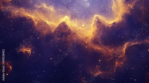 celestial nebula with swirling gold particles deep blue cosmic backdrop ethereal starlight piercing through translucent clouds creating abstract celestial patterns