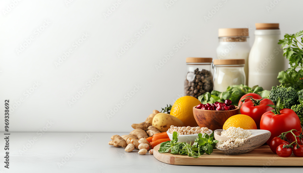 Fresh ingredients arranged on a clean surface, including vegetables, fruits, grains, and dairy for healthy cooking. Fresh ingredients arranged on a clean surface, including vegetables, fruits, grains, and dairy for healthy cooking.