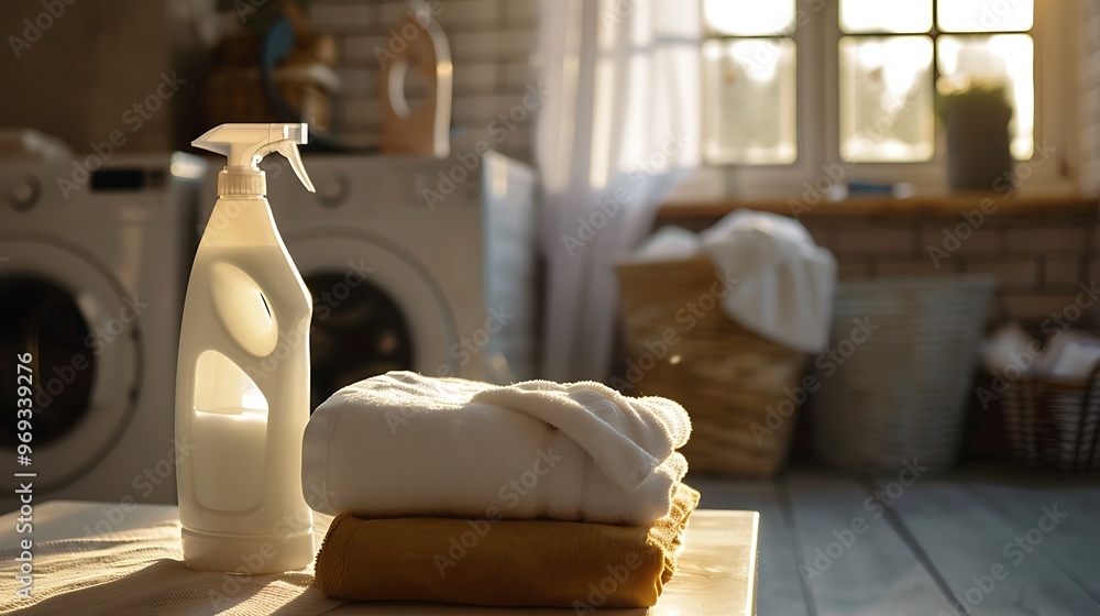 In the washing room a bottle of laundry cleanser and a stack of clean towels